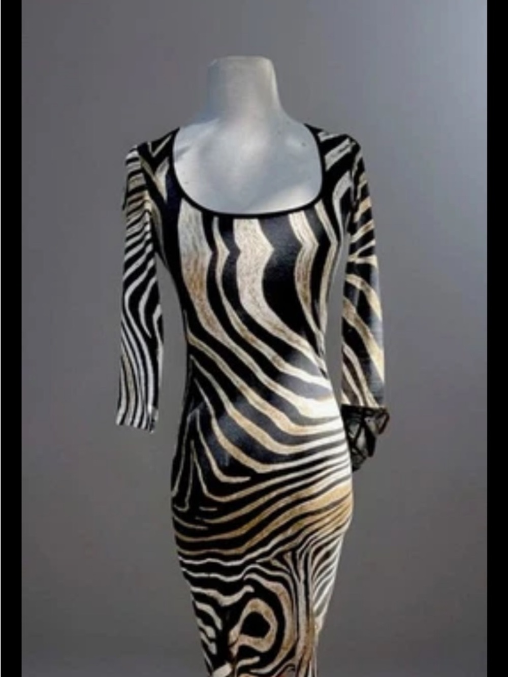 Just Cavalli Black, White & Gold Zebra-Stripe Midi Dress